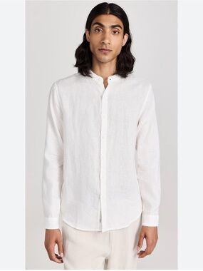 Onia Mens Shirt SZ L 100% Linen Long Sleeve Shirt Banded Collar White Button NWT